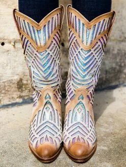Alig Tannery Retro Cowgirl — Wide Western Boots In White Sequined Leather