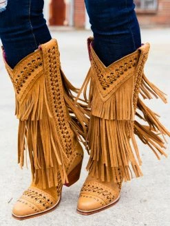 Alig Tannery New Arrivals All Around The Fringe — Cowgirl Boots With Fringe In Tan Leather