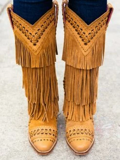 Alig Tannery All Around The Fringe — Wide Calf Western Fringe Boots In Tan Leather