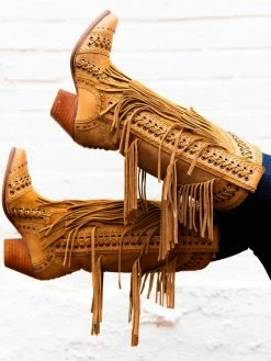 Alig Tannery All Around The Fringe — Wide Calf Western Fringe Boots In Tan Leather