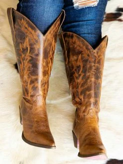 Prachi Leather Stella Mae — Wide Classic Leather Cowgirl Boots In Brown New Arrivals