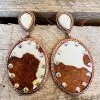 Southern Grace Brown Cowhide Crystal Oval Drop Earrings New Arrivals