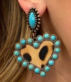 Southern Grace Leopard Turquoise Stoned Heart Dangle Earrings New Arrivals