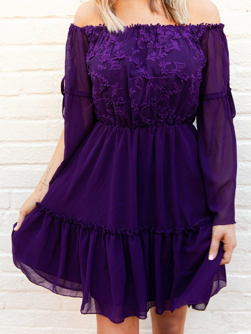 D & J Industries Clothing Cheerful Wishes - Off The Shoulder Boho Dress In Purple 4 D & J Industries Clothing Cheerful Wishes - Off The Shoulder Boho Dress In Purple