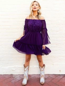 D & J Industries Clothing Cheerful Wishes - Off The Shoulder Boho Dress In Purple