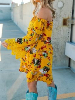 D & J Industries Lace Talk About It Tunic Dress - Mustard Floral
