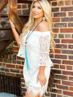 D & J Industries Bridal Locked In Lace Off Shoulder Dress - Ivory With Neutral Lining