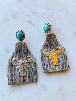 Southern Grace New Arrivals Take A Number Cowboy CowSkull Earrings - White