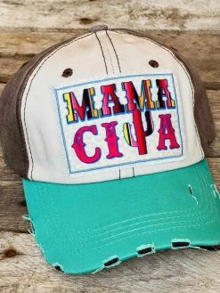 Southern Grace Mamacita Serape Patch Turquoise Beige And Brown Distressed Hat New Arrivals