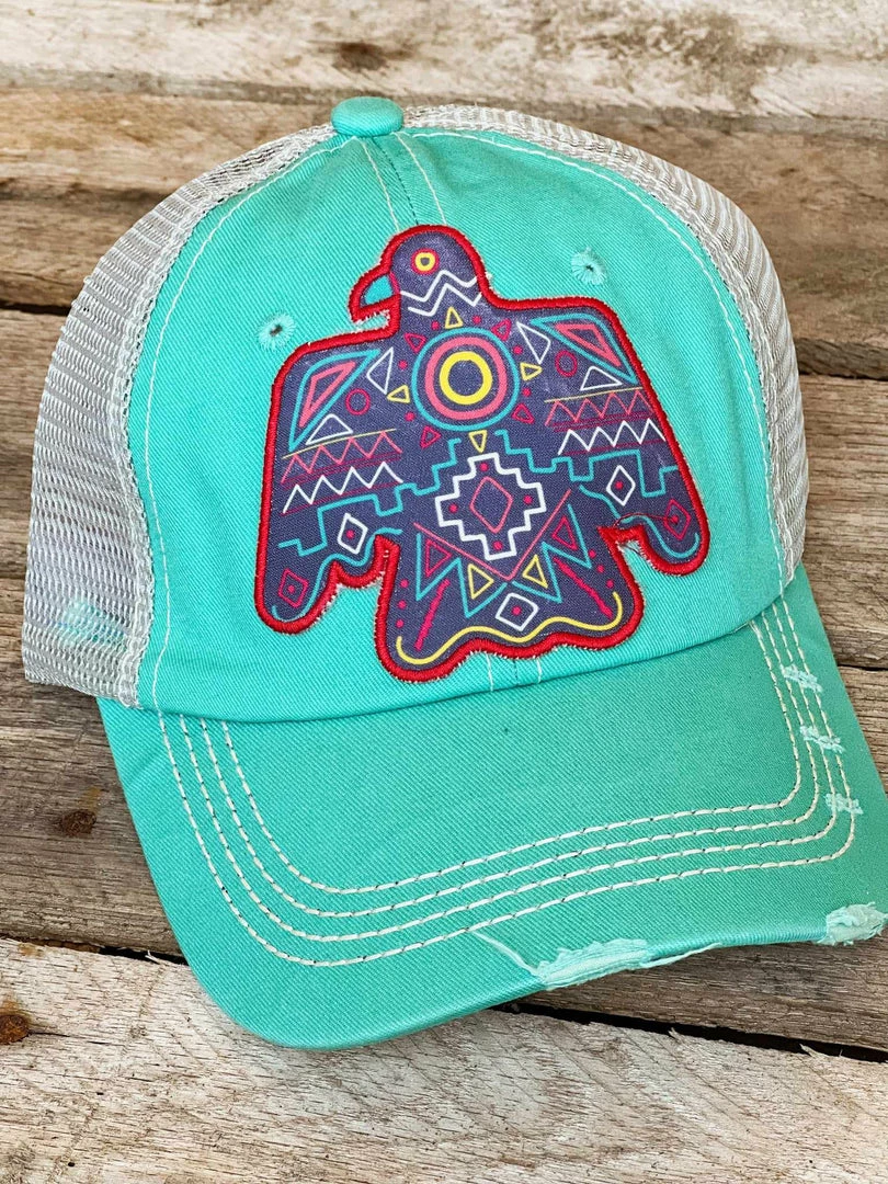 Southern Grace Aztec Thunderbird Turquoise Distressed Beige Mesh Hat New Arrivals 3 Southern Grace Aztec Thunderbird Turquoise Distressed Beige Mesh Hat New Arrivals
