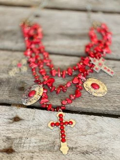 Southern Grace Red Beaded Necklace With Silver & Copper Crosses
