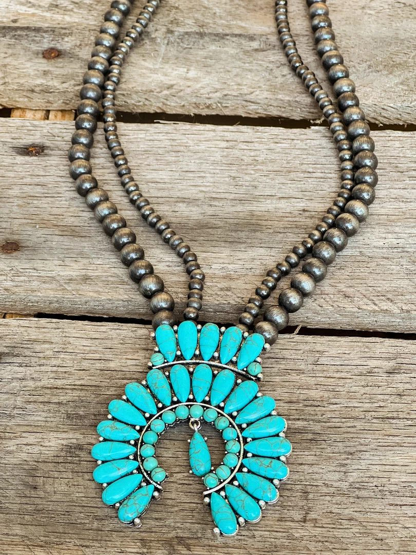 Southern Grace Turquoise Squash Blossom Silver Beaded Necklace New Arrivals 3 Southern Grace Turquoise Squash Blossom Silver Beaded Necklace New Arrivals