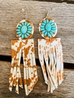 Southern Grace Rodeo Sweetheart Turquoise Cowhide Fringe Earrings