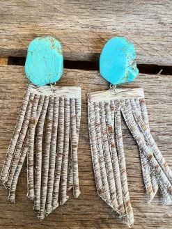 Southern Grace Let's Go Girls Turquoise White Cowhide Fringe Earrings