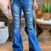 Special A High Rise Boot Cut Distressed Jeans In Medium Blue