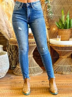 Special A Mid Rise Straight Leg Distressed Jeans In Medium Blue