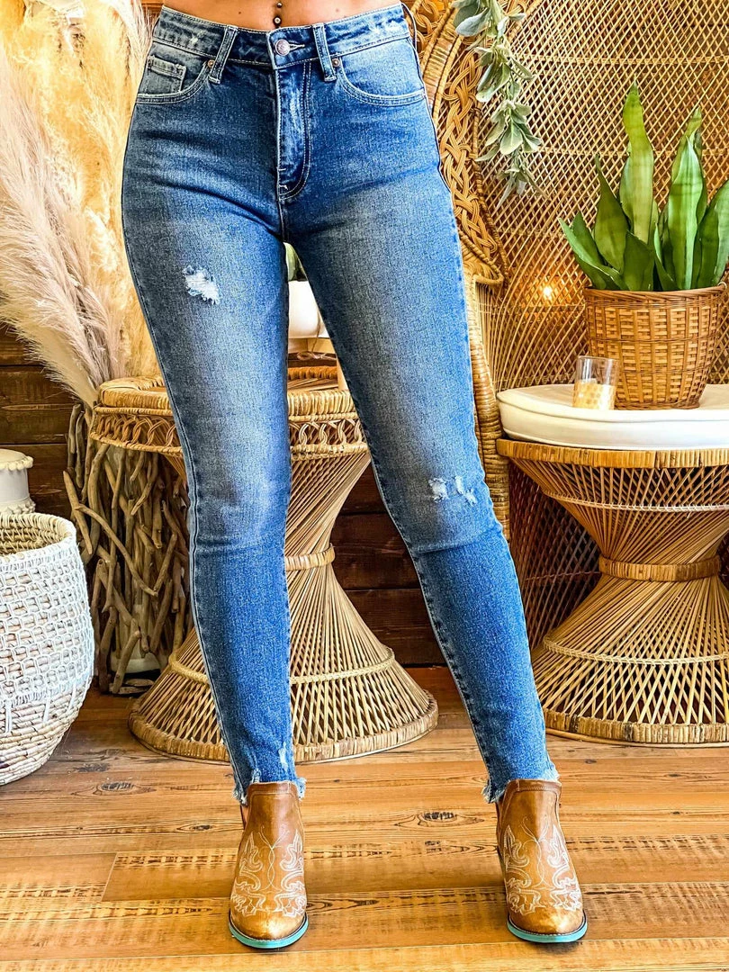 Special A Mid Rise Straight Leg Distressed Jeans In Medium Blue 4 Special A Mid Rise Straight Leg Distressed Jeans In Medium Blue
