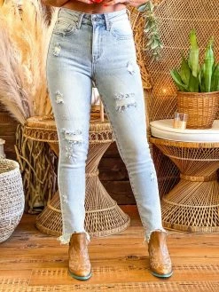 Special A Summer Fever Collection Mid Rise Relaxed Skinny Distressed Jeans In Light Blue
