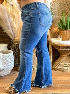 Special A Mid Rise Boot Cut Distressed Jeans In Medium Blue