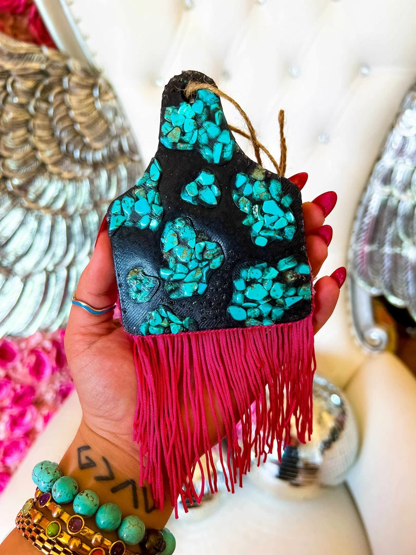 Southern Custom Designs New Arrivals Turquoise Stone Cow Tag With Pink Fringe Freshie 3 Southern Custom Designs New Arrivals Turquoise Stone Cow Tag With Pink Fringe Freshie