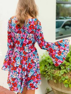 D & J Industies Co., LTD. Floral Fever — Bell Sleeve Floral Dress In Red New Arrivals