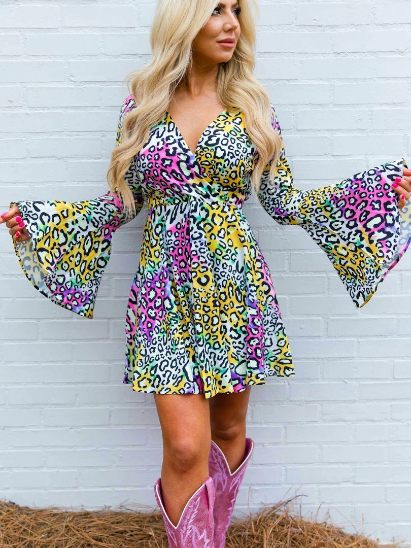 D & J Industies Co., LTD. New Arrivals Famous Like Lisa — Bell Sleeve Dress In Multicolor Leopard 3 D & J Industies Co., LTD. New Arrivals Famous Like Lisa — Bell Sleeve Dress In Multicolor Leopard
