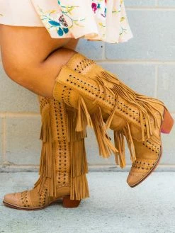 Cheap southernfriedchics Store 32 Alig Tannery All Around The Fringe — Wide Calf Western Fringe Boots In Tan Leather