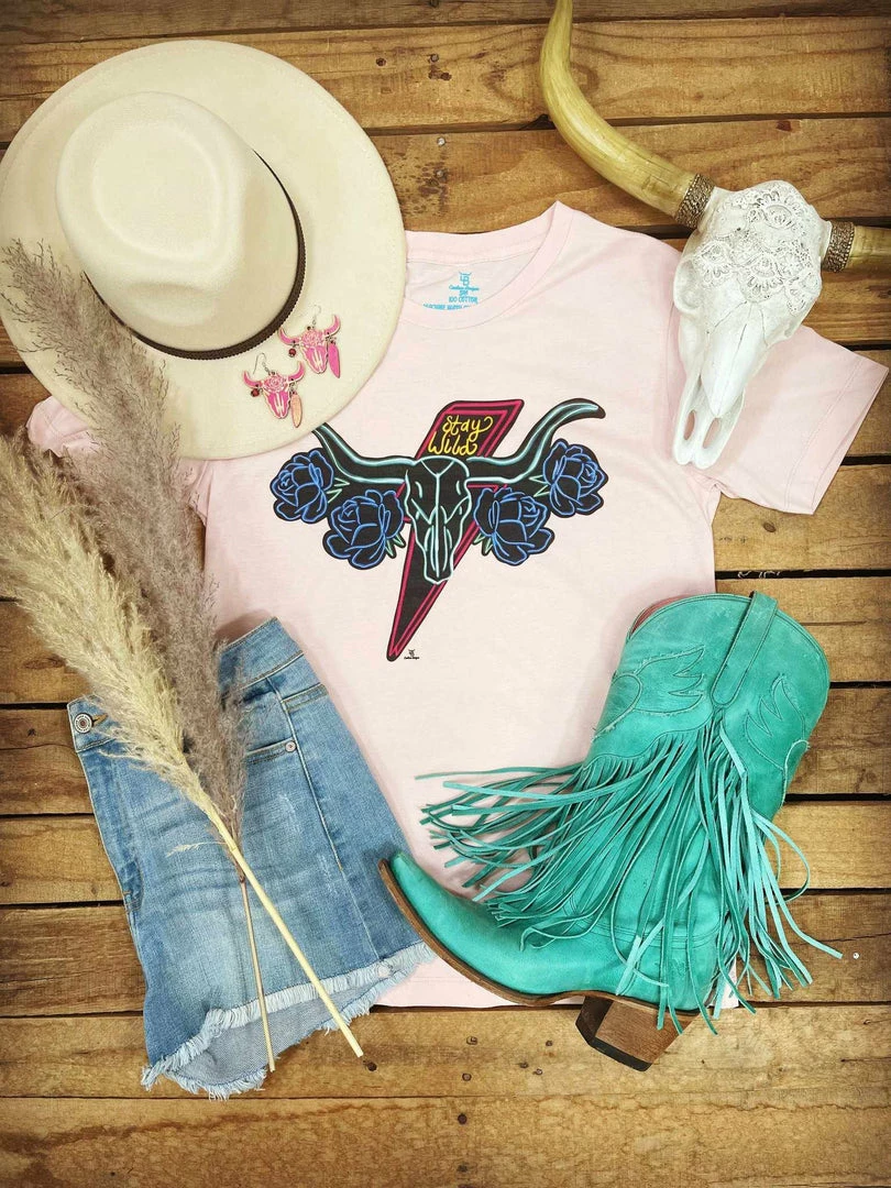 4B Custom Designs LLC Clothing Stay Wild Neon Steer Pale Pink Tee 3 4B Custom Designs LLC Clothing Stay Wild Neon Steer Pale Pink Tee