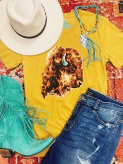 4B Custom Designs LLC Where The Buffalo Roam Tee - Mustard Clothing